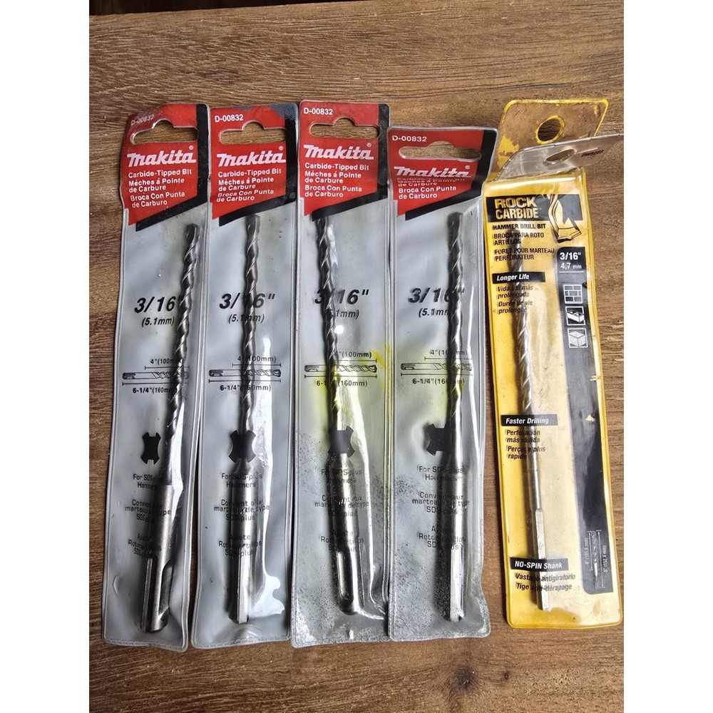 Lot of 5 New Carbide Masonry Drill Bits – 4× Makita SDS-plus 3/16" + 1× DeWalt